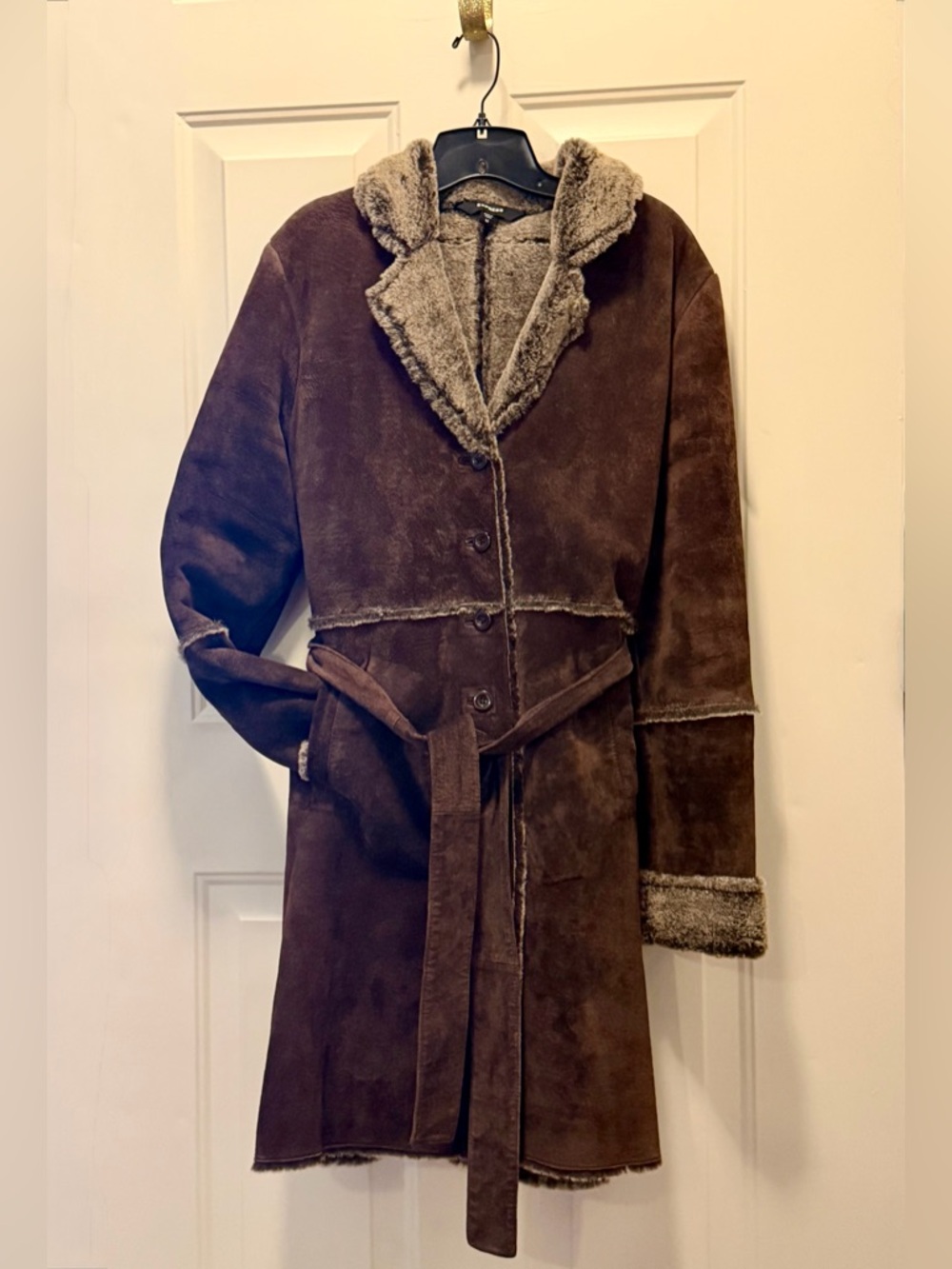 Express Brown Suede Faux-Fur-Lined Coat with Belt. Size M